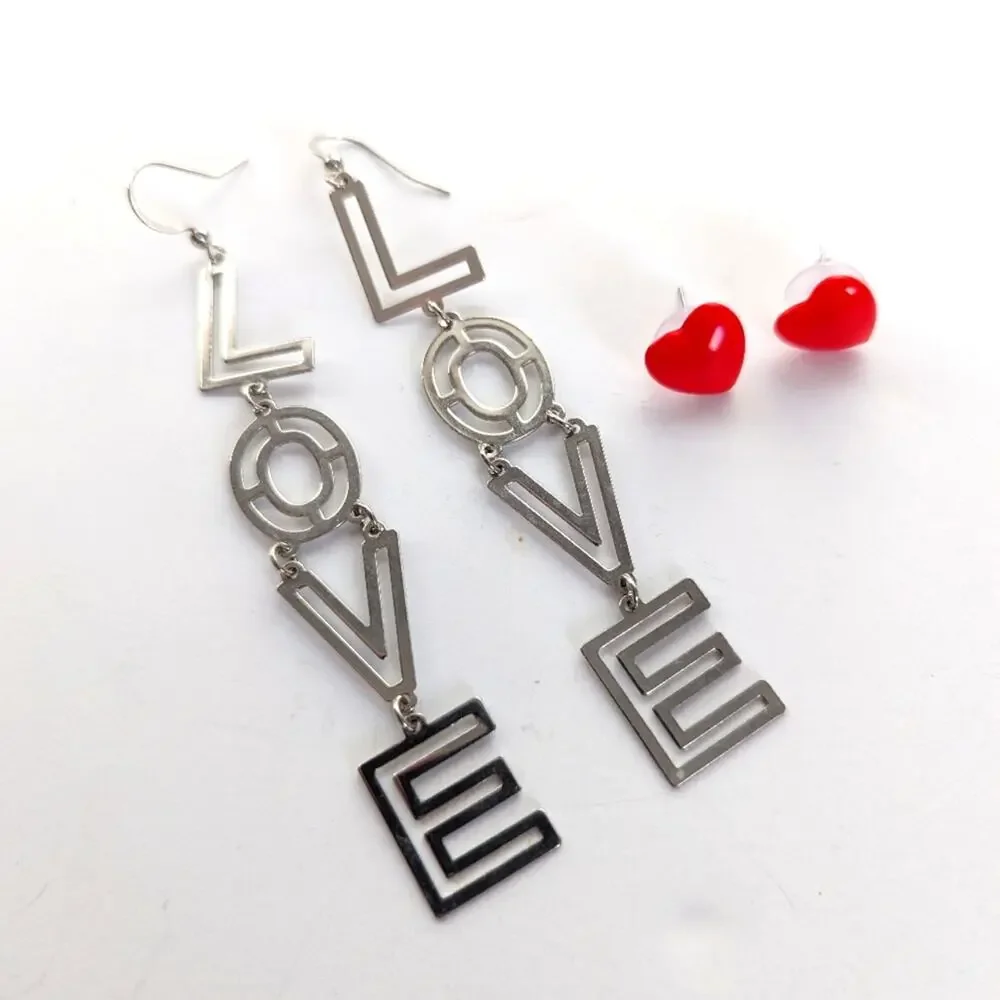 Vintage Hallmark Acrylic Red Valentines Heart and Long LOVE Dangle Hook Earrings
